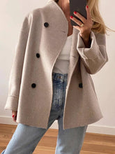 Aurohaya Elegant Women's Double Breasted Wool Blazer Coat, Oversized Casual Jacket with Pockets Lapel Collar